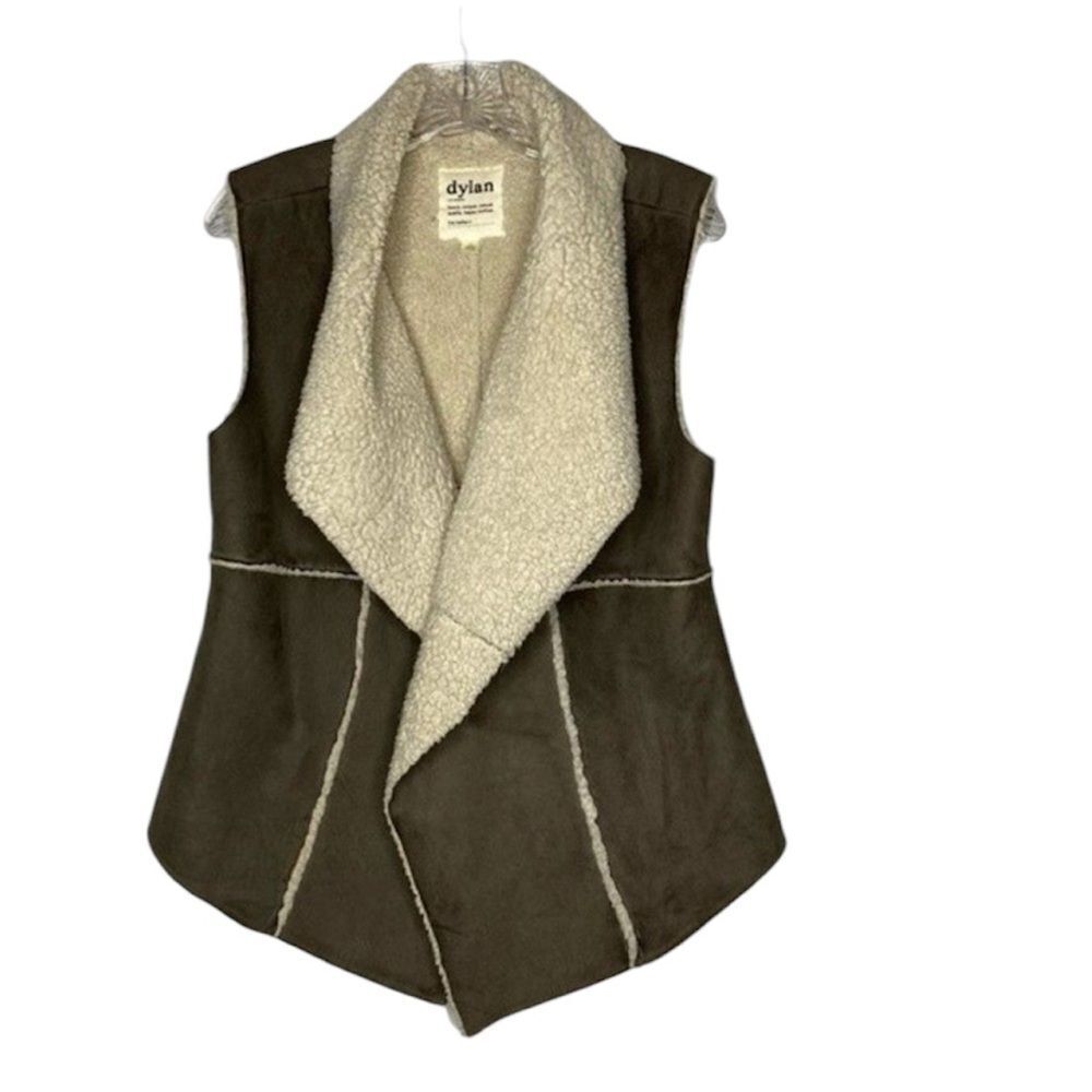 Dylan Brown Faux Vegan Suede Shearling Open Front Vest Medium